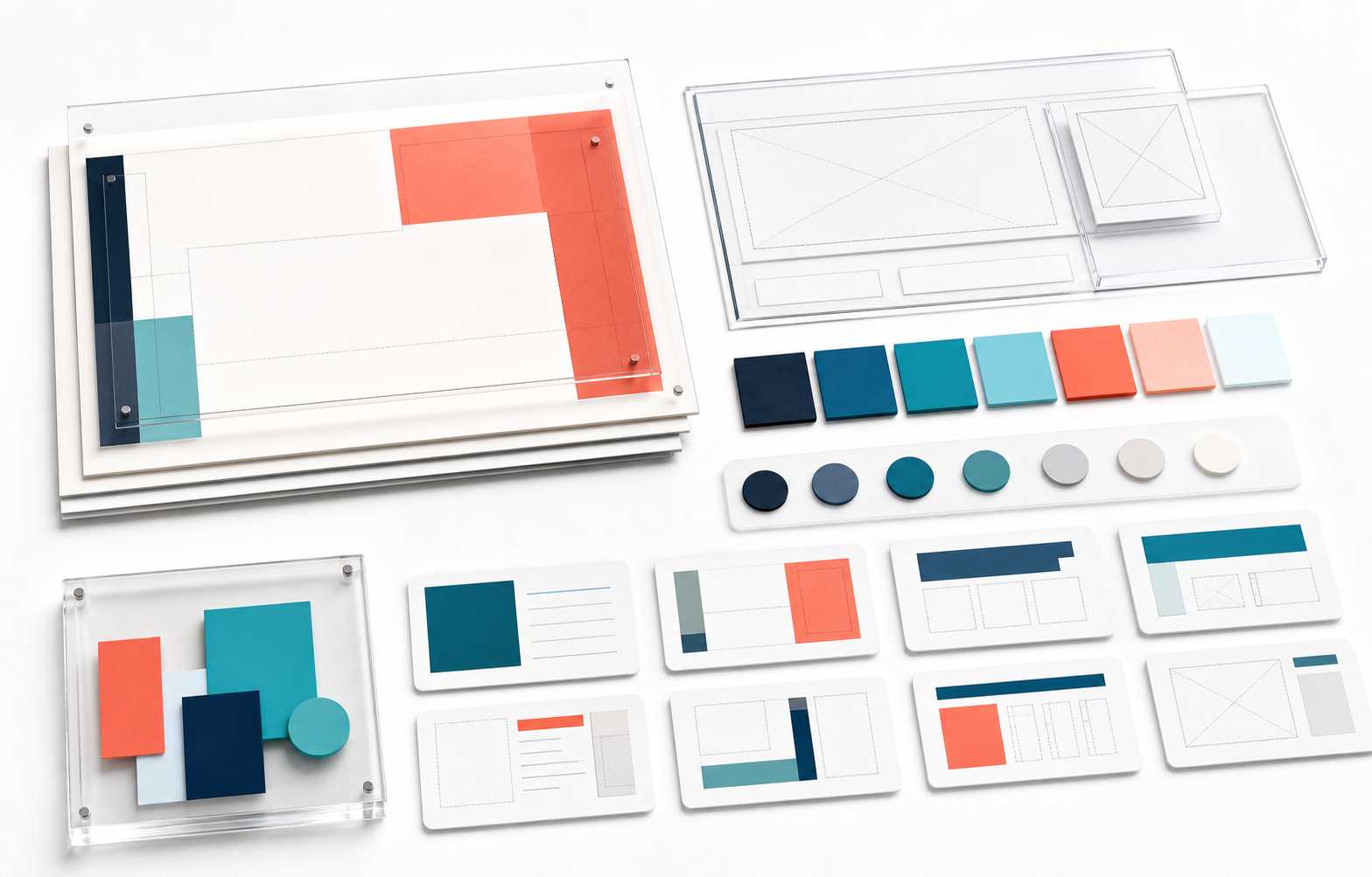 Master layout frames, placeholder blocks and theme color tiles laid out flat