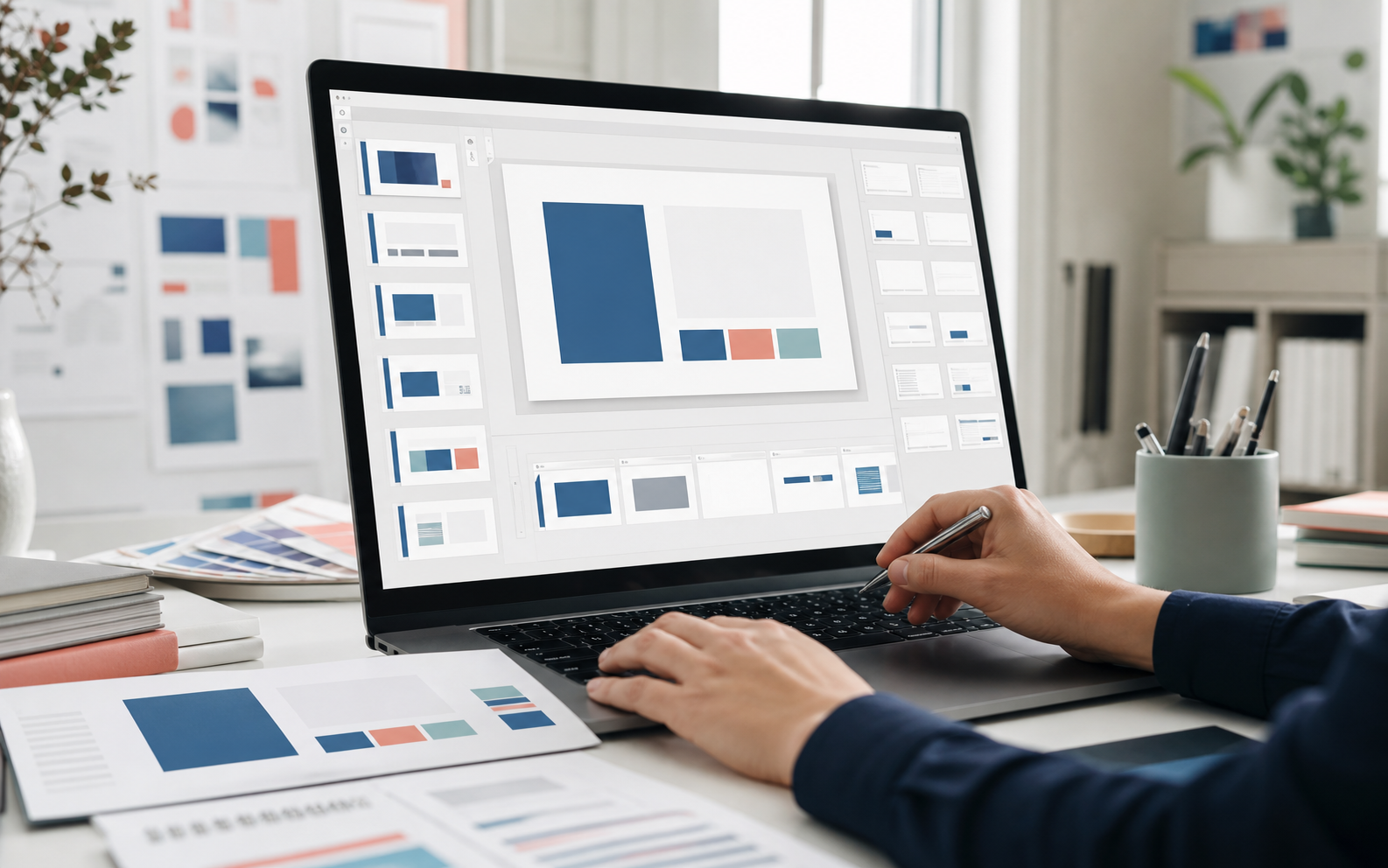 Structured PowerPoint master layouts being prepared at a desktop workspace